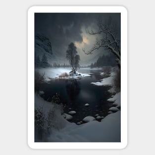 Landscape of winter lake in mountain valley - eerie nights Sticker